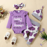 Load image into Gallery viewer, 4 Pieces Set Baby Girls Letters Print Rompers And Flower Pants And Hats And Bow Headwear Wholesale 220831540
