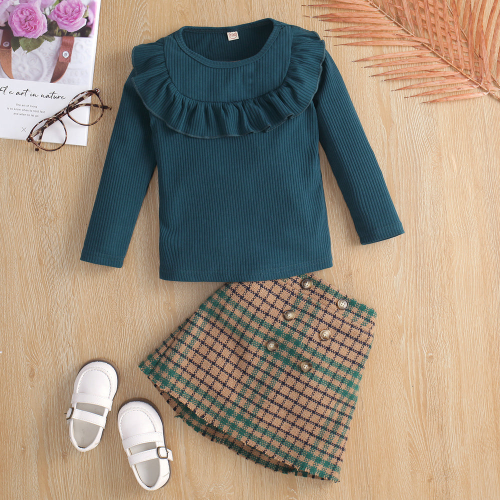 2 Pieces Set Baby Kid Girls Solid Color Crochet Sweaters And Checked Skirts Wholesale 230103119