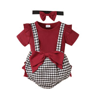 Load image into Gallery viewer, 3 Pieces Set Baby Girls Solid Color Muslin&amp;Ribbed Tops And Houndstooth Bow Rompers And Headwear Wholesale 220831196
