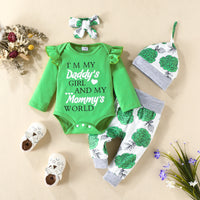 Load image into Gallery viewer, 4 Pieces Set Baby Girls Letters Print Rompers And Flower Pants And Hats And Bow Headwear Wholesale 220831540
