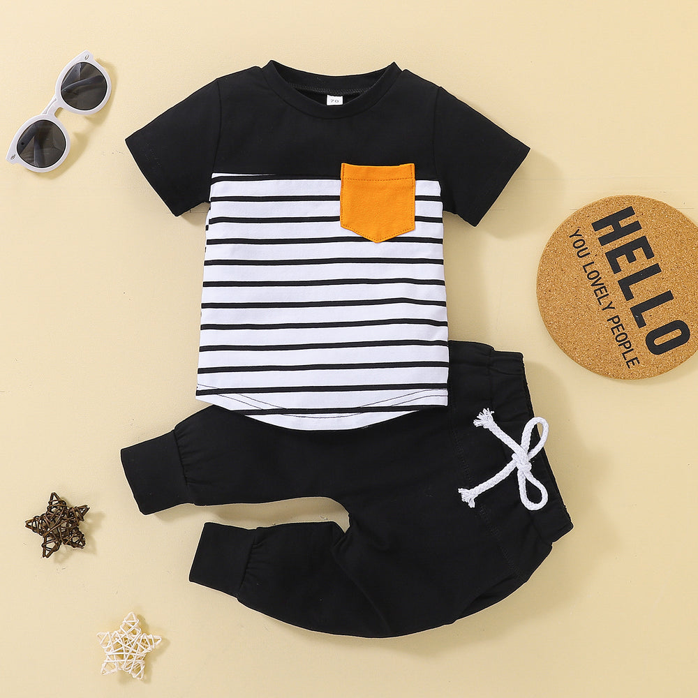 2 Pieces Set Baby Kid Boys Striped Color-blocking Tops And Solid Color Ribbon Pants Wholesale 230105314