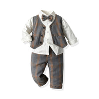 Load image into Gallery viewer, 3 Pieces Set Baby Kid Boys Dressy Birthday Party Solid Color Bow Shirts And Checked Vests Waistcoats And Pants Wholesale 22052692

