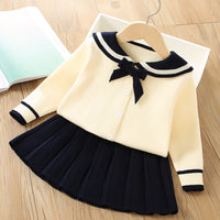 Load image into Gallery viewer, 2 Pieces Set Baby Kid Girls Color-blocking Bow Crochet Cardigan And Solid Color Skirts Wholesale 230105539
