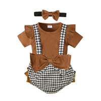 Load image into Gallery viewer, 3 Pieces Set Baby Girls Solid Color Muslin&amp;Ribbed Tops And Houndstooth Bow Rompers And Headwear Wholesale 220831196

