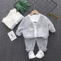 Load image into Gallery viewer, 3 Pieces Set Baby Kid Boys Cartoon Print Hoodies Swearshirts And Striped Cardigan And Solid Color Pants Wholesale 221202181
