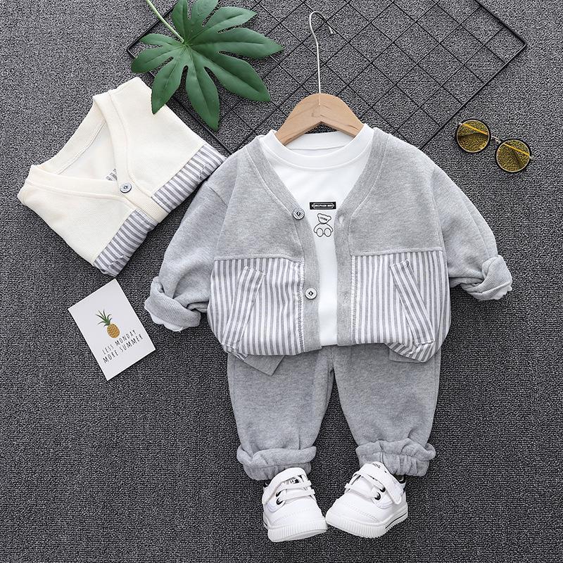 3 Pieces Set Baby Kid Boys Cartoon Print Hoodies Swearshirts And Striped Cardigan And Solid Color Pants Wholesale 221202181