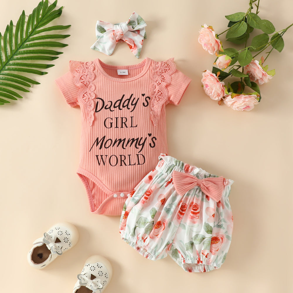 3 Pieces Set Baby Girls Letters Rompers Flower Print Shorts And Bow Headwear Wholesale 230105741