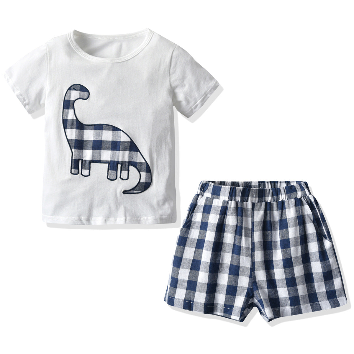 Two Pieces Toddler Kid Boy Dinosaur Top & Plaid Shorts Homewear Set Wholesale 98732265