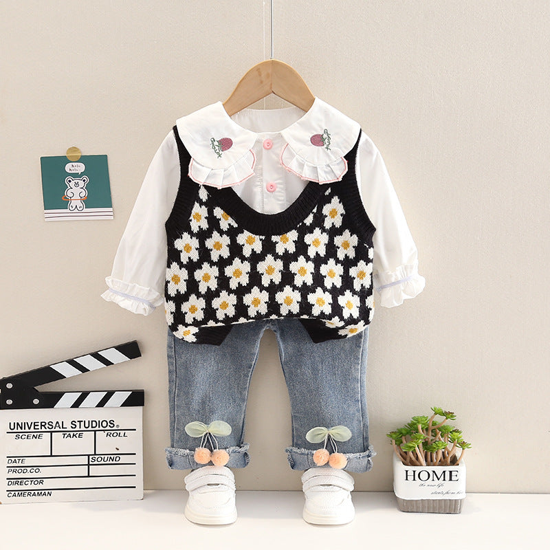 3 Pieces Set Baby Kid Girls Flower Crochet Vests Waistcoats And Fruit Embroidered Tops And Pants Wholesale 221130214