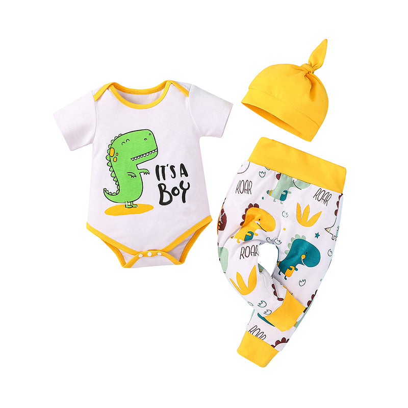 Three Pieces Baby Boy It's A Boy Dinosaur Set Bodysuit & Trousers & Hat Wholesale 71662210