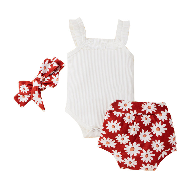 Three Pieces  Baby Girl Outfit Plain Ribbed Cami Bodysuit & Floral Shorts & Headband Wholesale 91741174