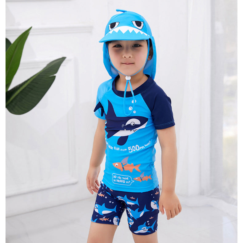 Three Pieces Little Boy Swimwear Set Sharp Print Top & Shorts & Hat Wholesale 71072851