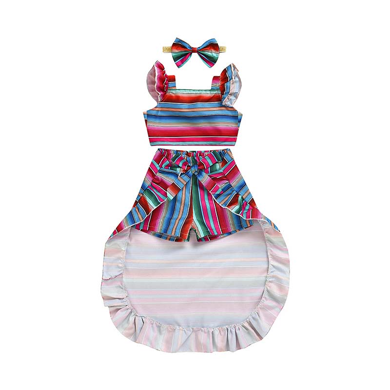 Three Pieces Little Girl Colorful Stripe Outfit Crop Top + High Low Hem Shorts + Headband Wholesale 38082840