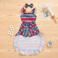 Load image into Gallery viewer, Three Pieces Little Girl Colorful Stripe Outfit Crop Top + High Low Hem Shorts + Headband Wholesale 38082840
