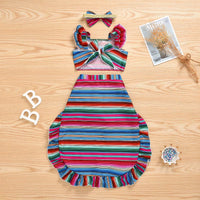 Load image into Gallery viewer, Three Pieces Little Girl Colorful Stripe Outfit Crop Top + High Low Hem Shorts + Headband Wholesale 38082840

