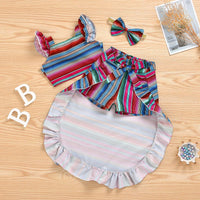 Load image into Gallery viewer, Three Pieces Little Girl Colorful Stripe Outfit Crop Top + High Low Hem Shorts + Headband Wholesale 38082840

