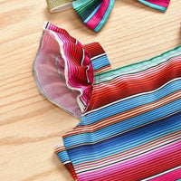 Load image into Gallery viewer, Three Pieces Little Girl Colorful Stripe Outfit Crop Top + High Low Hem Shorts + Headband Wholesale 38082840
