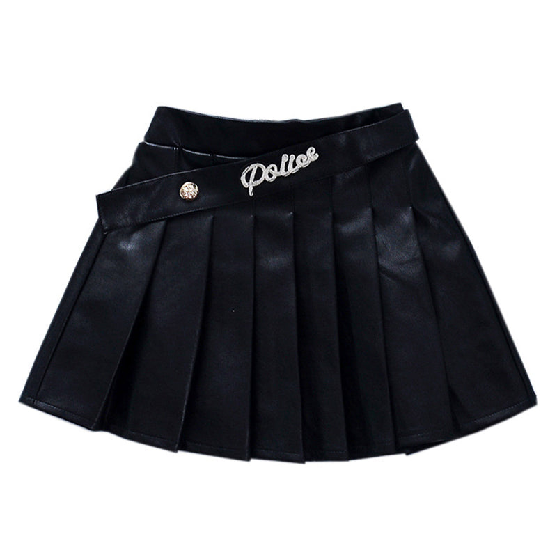 Toddler Girl Letter  Black PU Pleated Skirt Wholesale 17165371