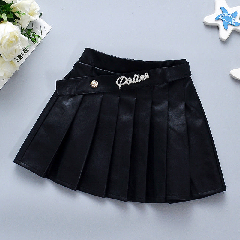 Toddler Girl Letter  Black PU Pleated Skirt Wholesale 17165371