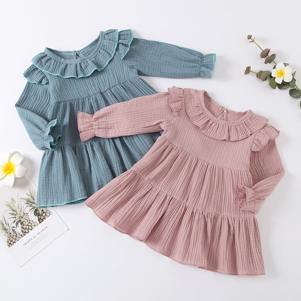 Toddler Girl Muslin Solid Color Long Sleeve Midi Dress Wholesale 97264785
