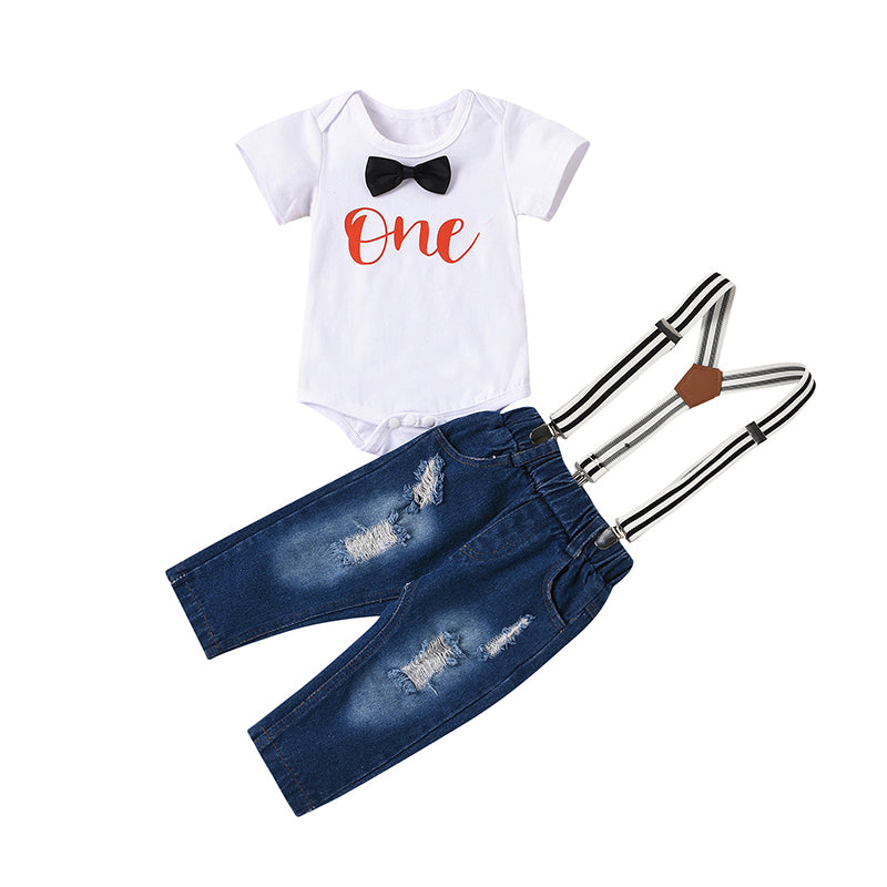 Two-piece Baby Boy One Bowtie Bodysuit And Ripped Suspender Jeans Set Wholesale 93794720