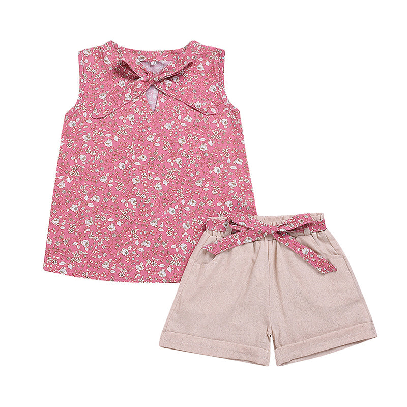 Two-piece Kid Girl Floral Top And Belted Shorts Set Wholesale 11563777