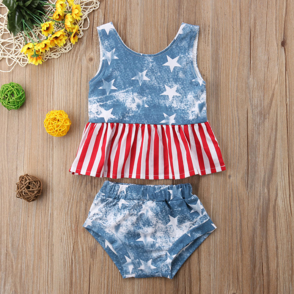 Two Pieces Baby Girl 4th of July Set Ruffle Hem Tank Top With Shorts Wholesale 75472003