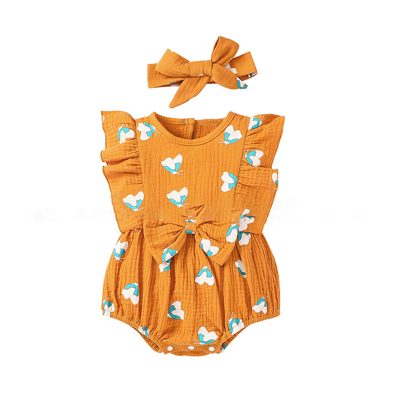 Two Pieces Baby Girl Butterfly Print Muslin Bodysuit With Headband Wholesale 34142214