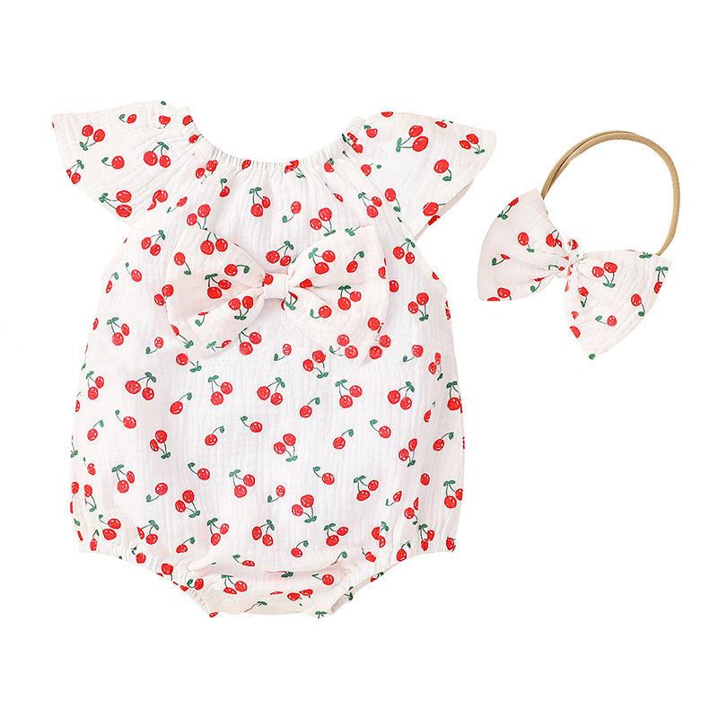 Two Pieces Baby Girl Cherry Print Bow Front Muslin Off Shoulder Bodysuit With Headband Wholesale 29282245