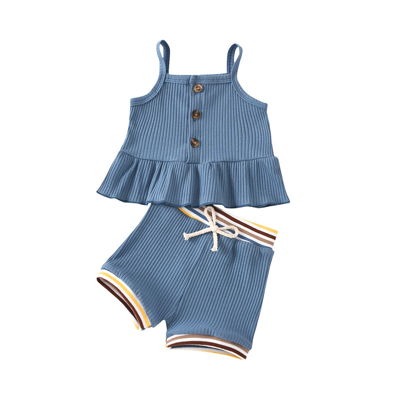Two Pieces Baby Girl Plain Ruffled Hem Camisole Matching Shorts Ribbed Set Wholesale 36682799