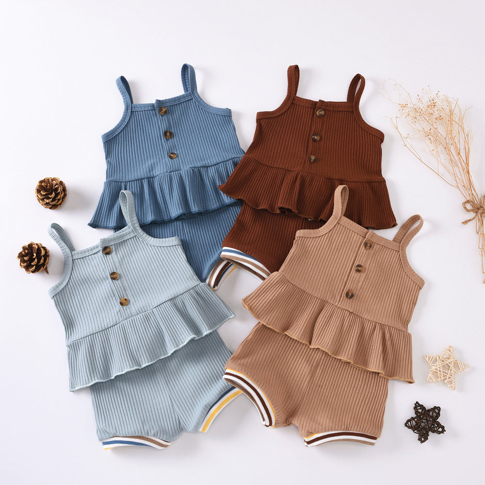 Two Pieces Baby Girl Plain Ruffled Hem Camisole Matching Shorts Ribbed Set Wholesale 36682799