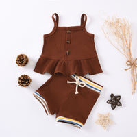 Load image into Gallery viewer, Two Pieces Baby Girl Plain Ruffled Hem Camisole Matching Shorts Ribbed Set Wholesale 36682799
