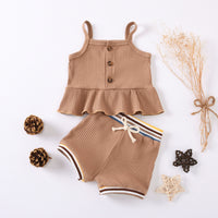 Load image into Gallery viewer, Two Pieces Baby Girl Plain Ruffled Hem Camisole Matching Shorts Ribbed Set Wholesale 36682799
