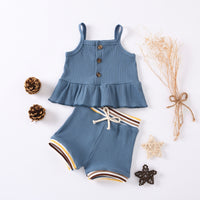 Load image into Gallery viewer, Two Pieces Baby Girl Plain Ruffled Hem Camisole Matching Shorts Ribbed Set Wholesale 36682799
