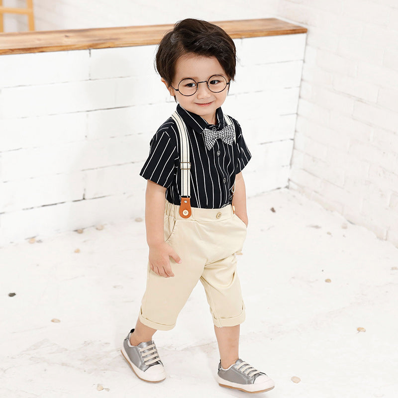 Two Pieces Baby Toddler Boy Bow Tie Stripe Shirt With Suspender Shorts Outfit Wholesale 39572351