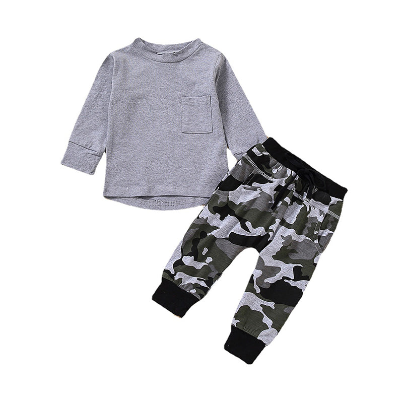 Two Pieces Baby Toddler Boy Grey Top & Camo Pants Set Wholesale 18173087