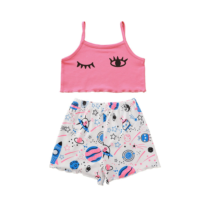 Two Pieces Girl Planet Print Set Pink Cami Top Matching Shorts Wholesale 89822935