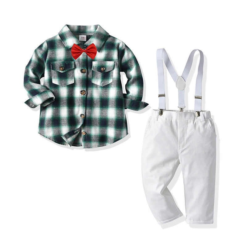 Two Pieces Grid Pattern Shirt With Suspender Pants Boy Set Wholesale 91252317