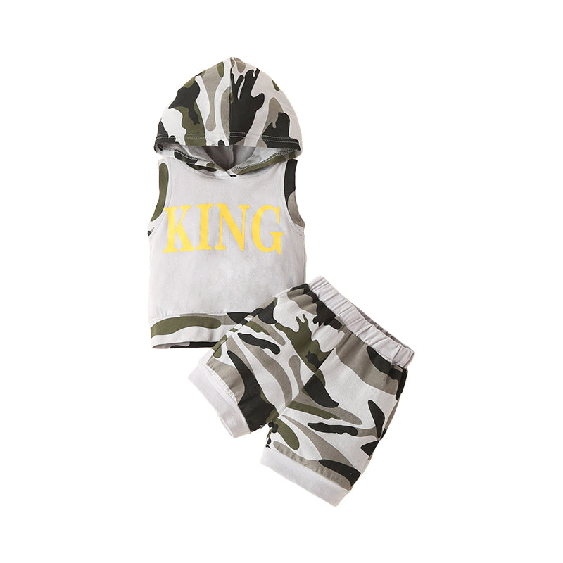 Two Pieces Kid Boy Camo Set King Print Tank Hoodie And Shorts  Wholesale 81192404