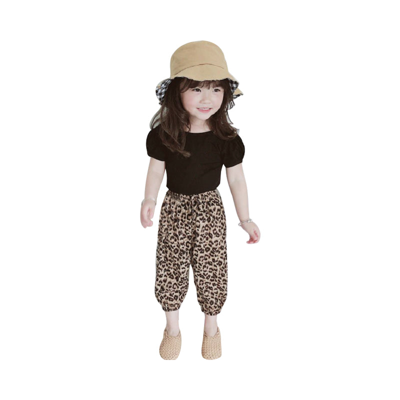 Two Pieces Kid Girl Backless Black Top & Leopard Print Bloomers Set Wholesale 11921975