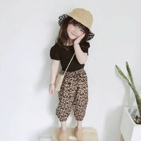 Load image into Gallery viewer, Two Pieces Kid Girl Backless Black Top &amp; Leopard Print Bloomers Set Wholesale 11921975

