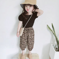 Load image into Gallery viewer, Two Pieces Kid Girl Backless Black Top &amp; Leopard Print Bloomers Set Wholesale 11921975
