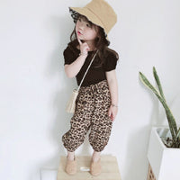 Load image into Gallery viewer, Two Pieces Kid Girl Backless Black Top &amp; Leopard Print Bloomers Set Wholesale 11921975
