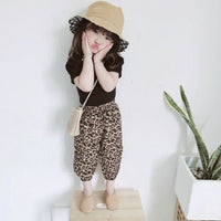 Load image into Gallery viewer, Two Pieces Kid Girl Backless Black Top &amp; Leopard Print Bloomers Set Wholesale 11921975

