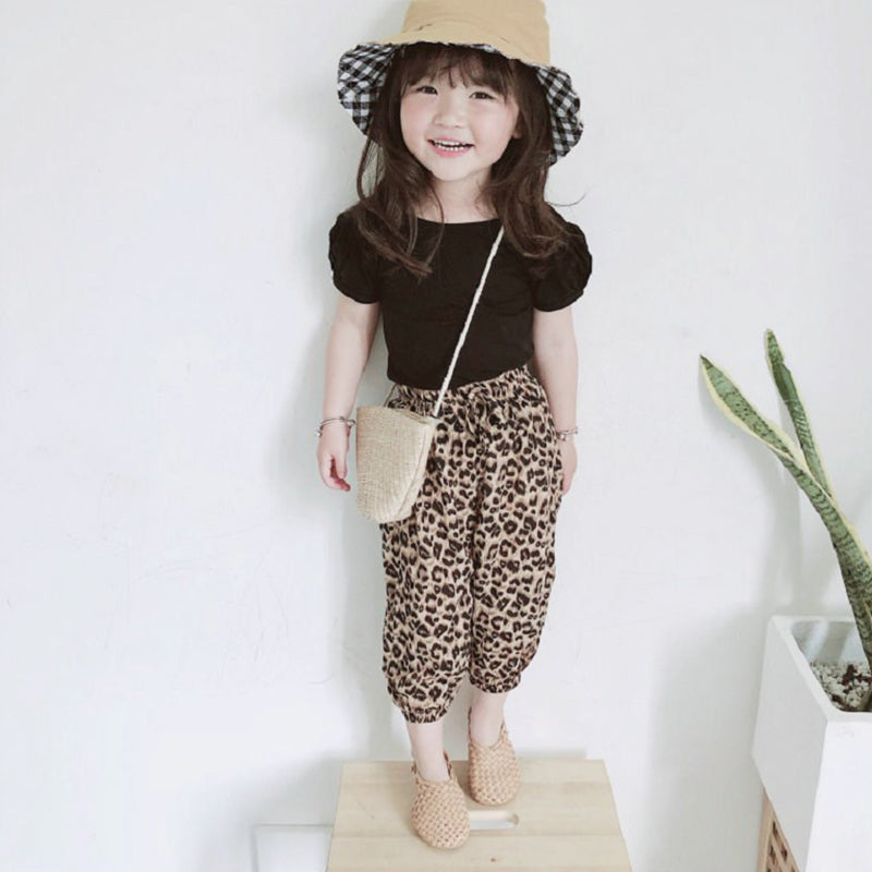 Two Pieces Kid Girl Backless Black Top & Leopard Print Bloomers Set Wholesale 11921975