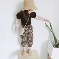 Load image into Gallery viewer, Two Pieces Kid Girl Backless Black Top &amp; Leopard Print Bloomers Set Wholesale 11921975
