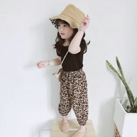 Load image into Gallery viewer, Two Pieces Kid Girl Backless Black Top &amp; Leopard Print Bloomers Set Wholesale 11921975
