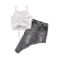 Load image into Gallery viewer, Two Pieces Kid Girl Drawstring Cami Top With Irregular Hem Denim Skirt Set Wholesale 48872631
