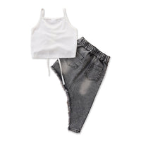 Load image into Gallery viewer, Two Pieces Kid Girl Drawstring Cami Top With Irregular Hem Denim Skirt Set Wholesale 48872631
