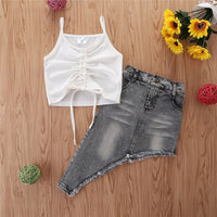 Load image into Gallery viewer, Two Pieces Kid Girl Drawstring Cami Top With Irregular Hem Denim Skirt Set Wholesale 48872631
